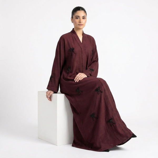 Styled look of Hand-Crafted Cut-Dana Bow Abaya 2