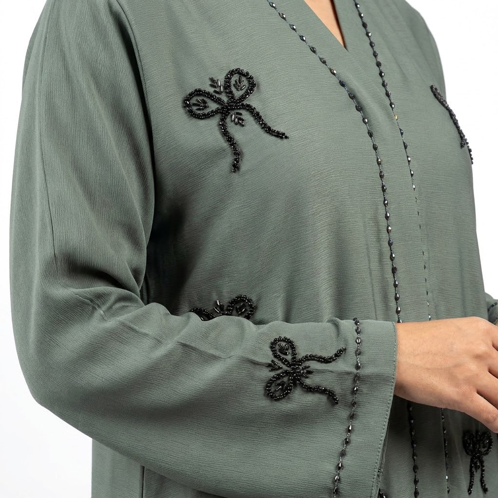 Front view of Hand-Crafted Cut-Dana Bow Coat - premium Premium Zoom Fabric modest wear