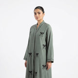Close-up detail of Hand-Crafted Cut-Dana Bow Coat showcasing the design work