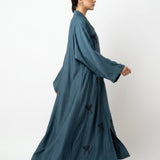 Styled look of Steel Hand-Crafted Cut-Dana Bow Coat, perfect for semi-formal gatherings, festive events, boutique wear, and high-end modest fashion
