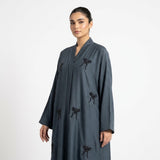 Full-length view of Steel Hand-Crafted Cut-Dana Bow Coat in Steel Blue / Slate Blue with contrasting Jet-Black glass dana beadwork
