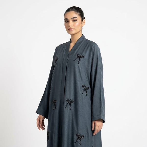 Full-length view of Steel Hand-Crafted Cut-Dana Bow Coat in Steel Blue / Slate Blue with contrasting Jet-Black glass dana beadwork