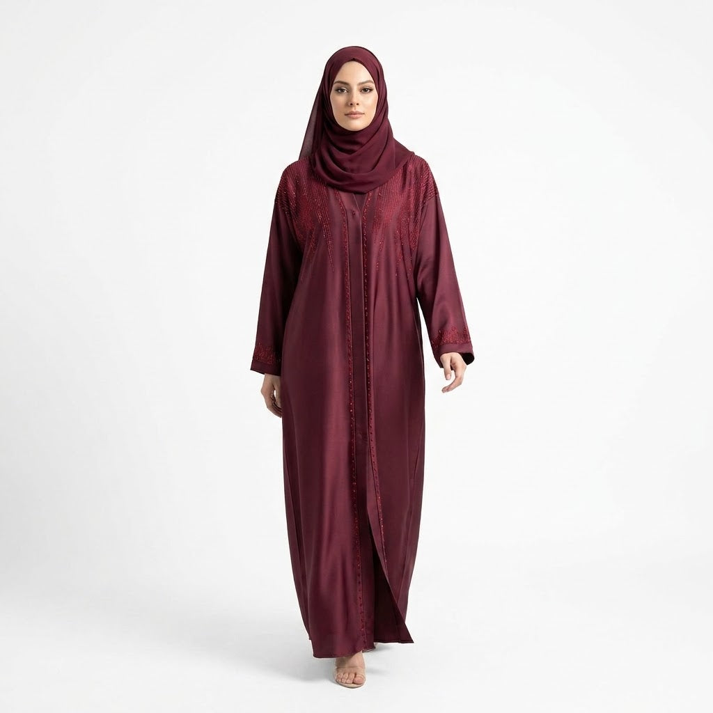 Front view of Deep Maroon DMC Cascade Abaya - premium TikTok fabric modest wear