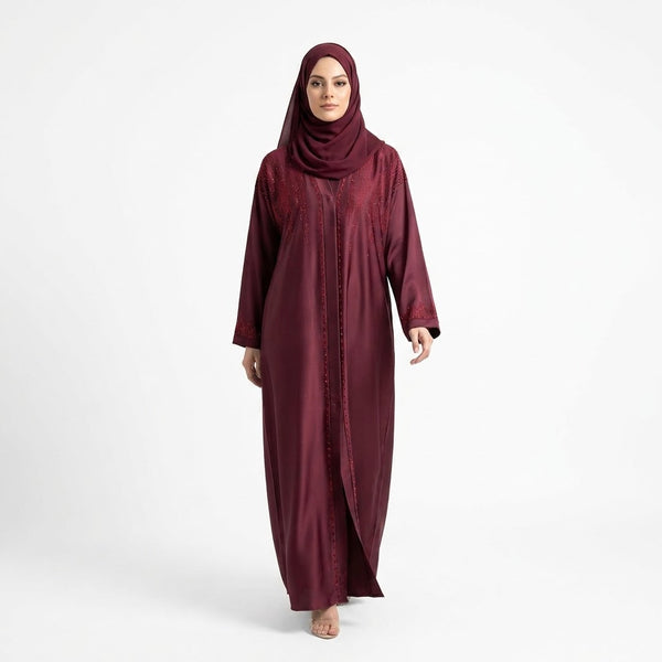 Front view of Deep Maroon DMC Cascade Abaya