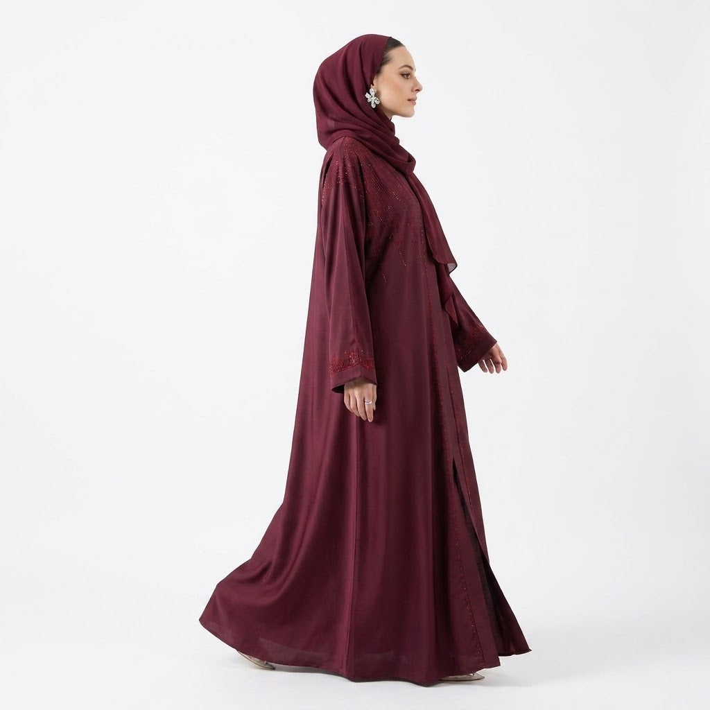 Close-up detail of Deep Maroon DMC Cascade Abaya showcasing cascading DMC stones