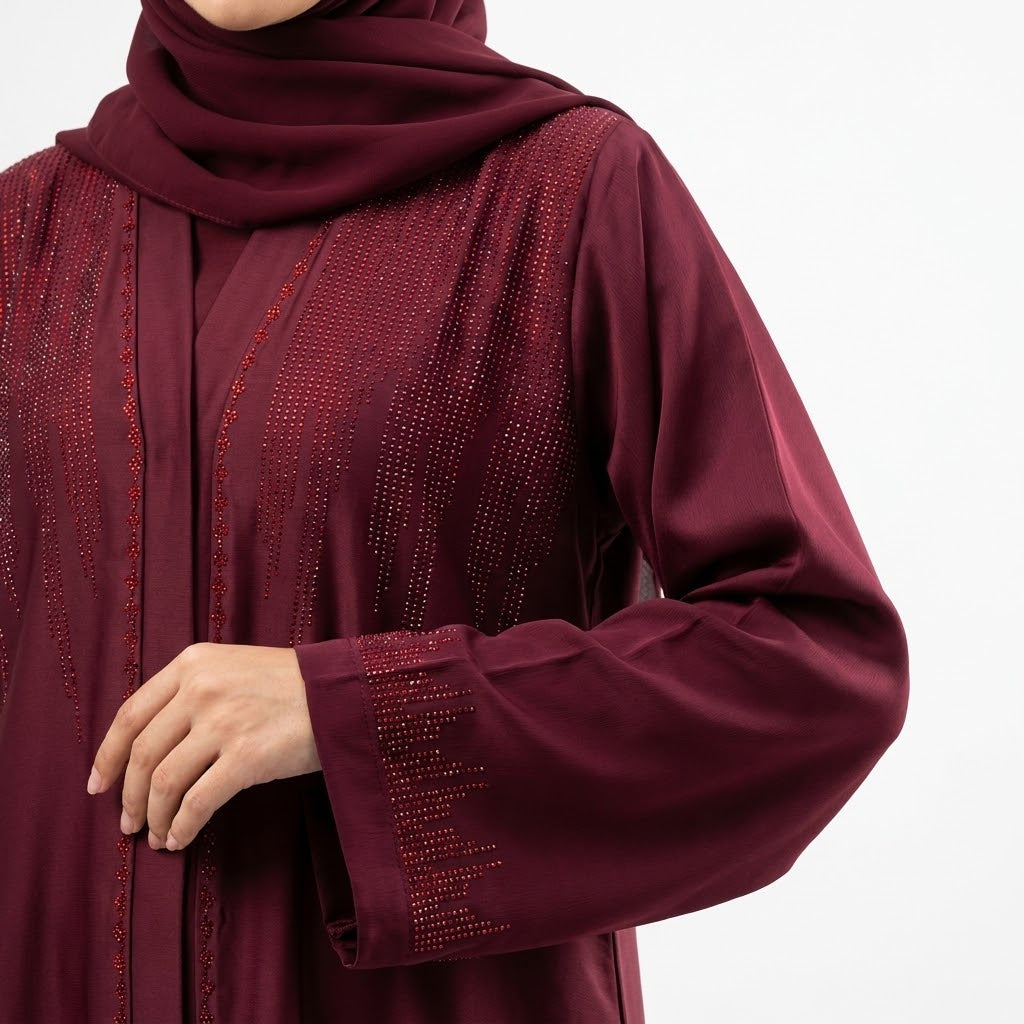 Side view of Deep Maroon DMC Cascade Abaya open front abaya