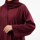 Side view of Deep Maroon DMC Cascade Abaya open front abaya