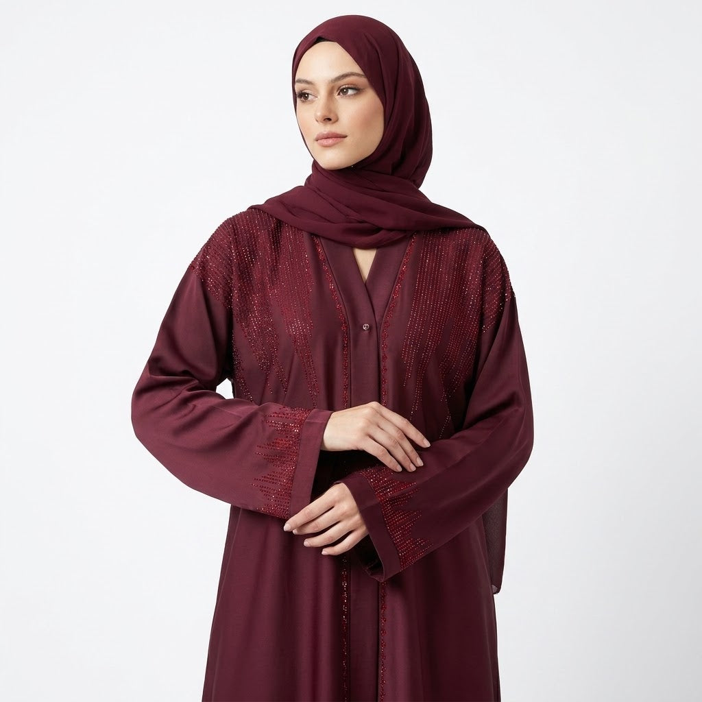 Deep Maroon DMC Cascade Abaya styled full length view