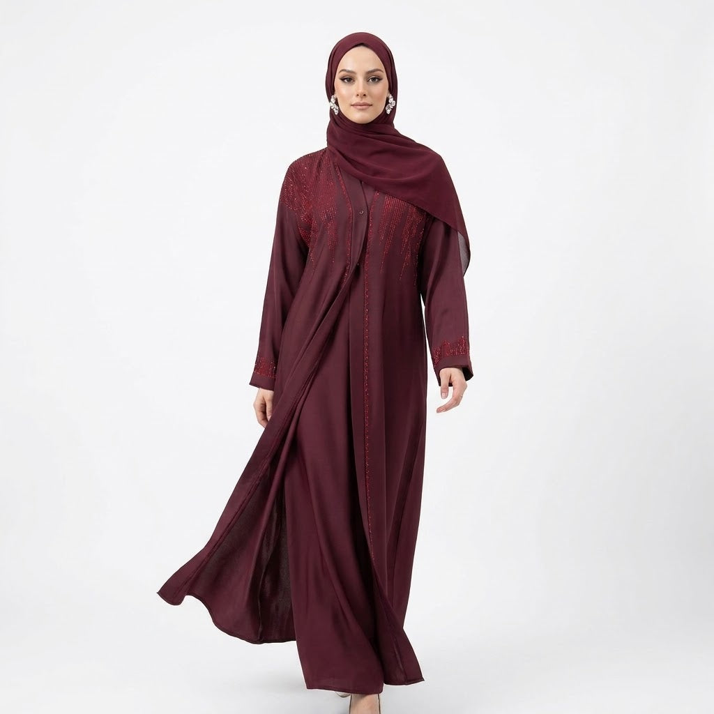 Deep Maroon DMC Cascade Abaya worn, showing drape and silhouette