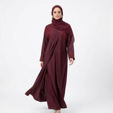 Deep Maroon DMC Cascade Abaya worn, showing drape and silhouette
