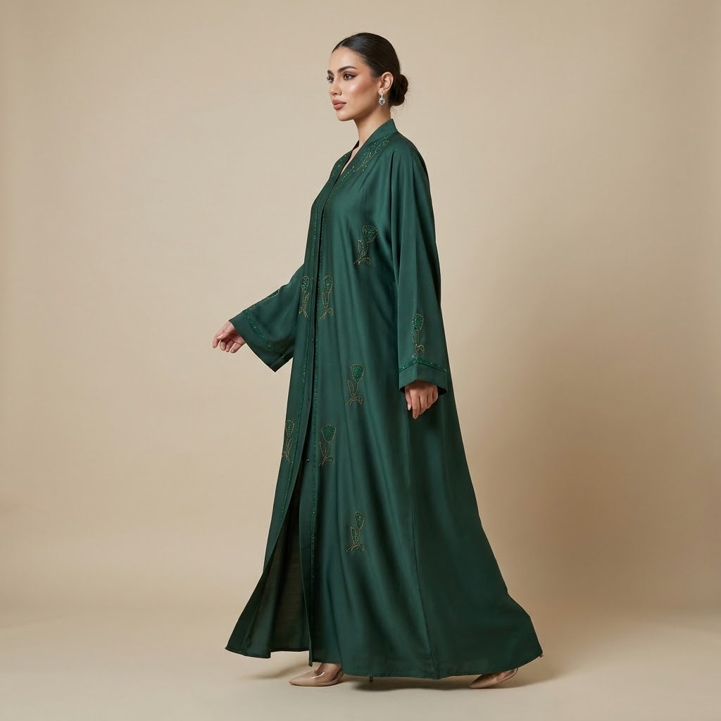 Close-up detail of Emerald Crystal Tulip Coat showcasing the design work