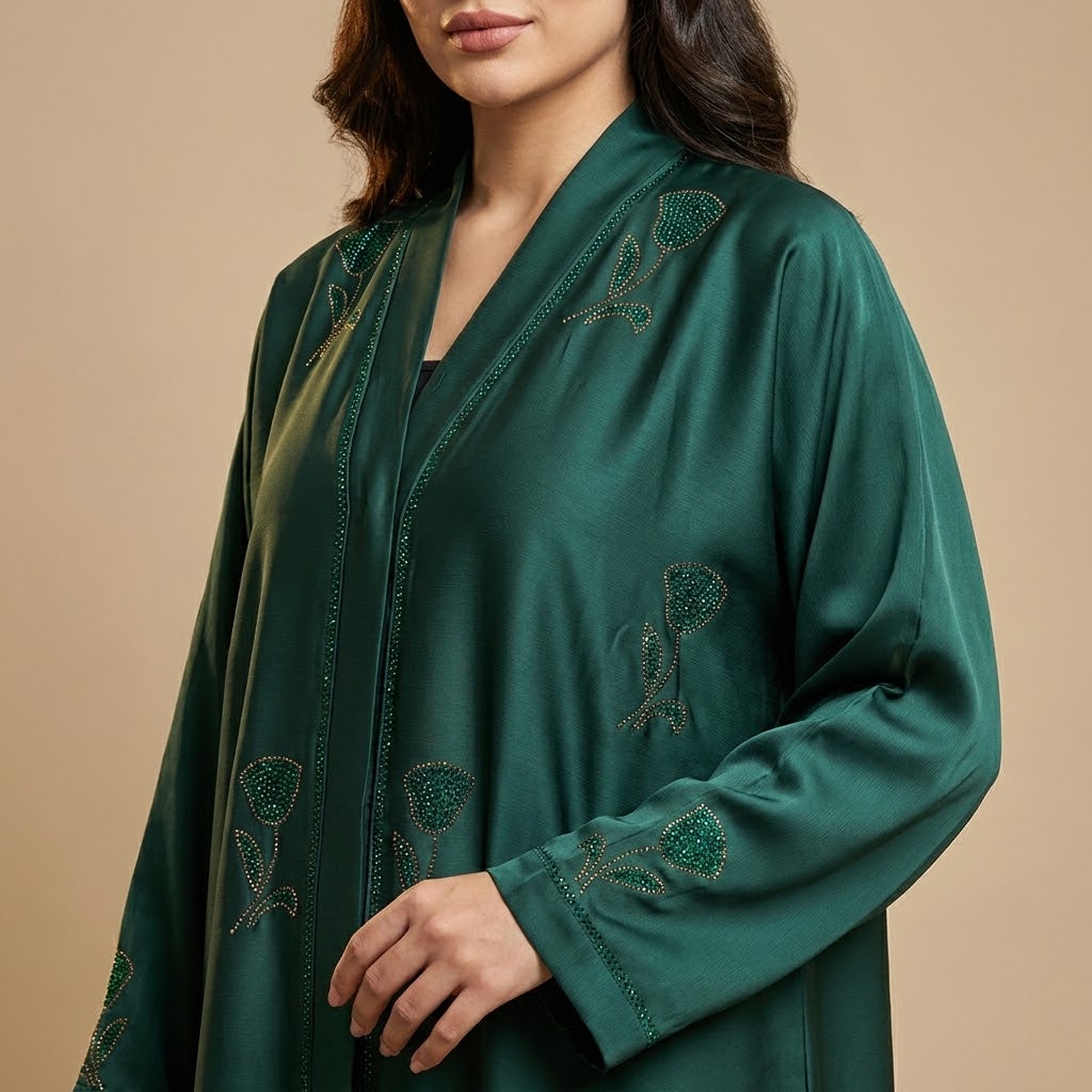Side profile of Emerald Crystal Tulip Coat highlighting the silhouette