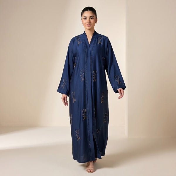 Front view of Blue Crystal Tulip Coat - premium Premium TikTok Fabric modest wear
