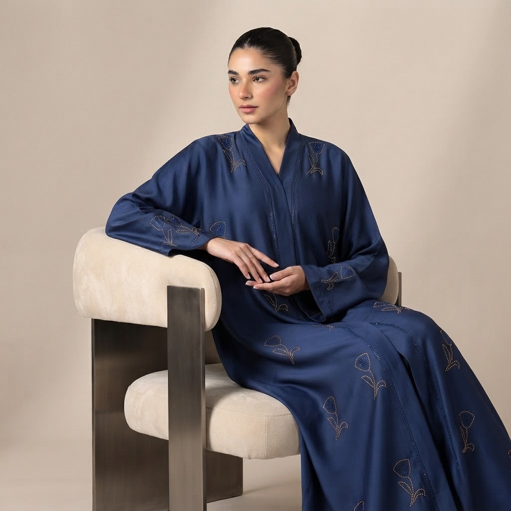 Styled look of Blue Crystal Tulip Coat, perfect for formal receptions, eid, festive gatherings, and daily luxury wear