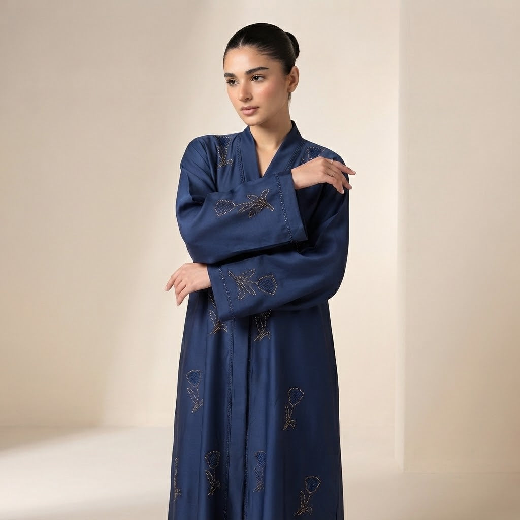 Full-length view of Blue Crystal Tulip Coat in Deep Royal Blue / Sapphire Blue with Dual-Tone Gold & Blue DMC Rhinestone Accents