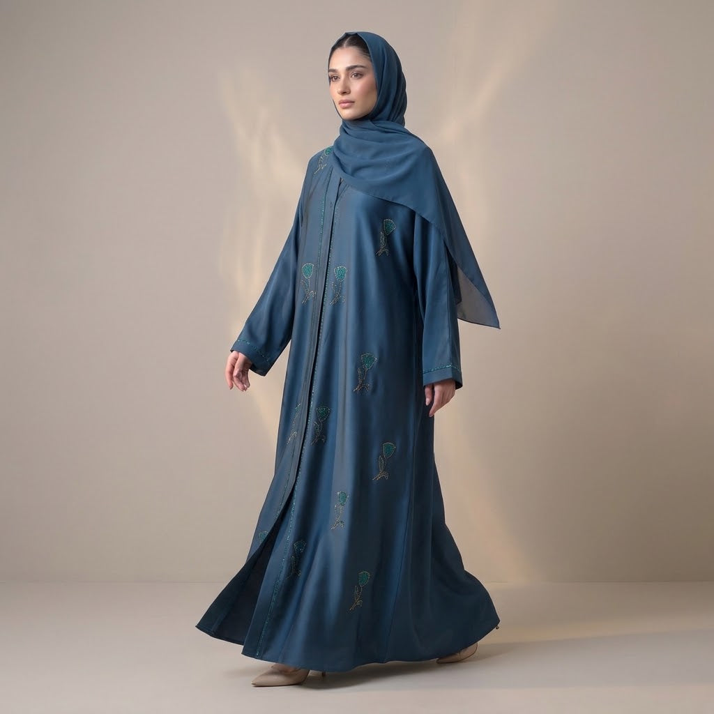 Styled look of Peacock Crystal Tulip Coat, perfect for formal receptions, eid, festive gatherings, and daily luxury wear
