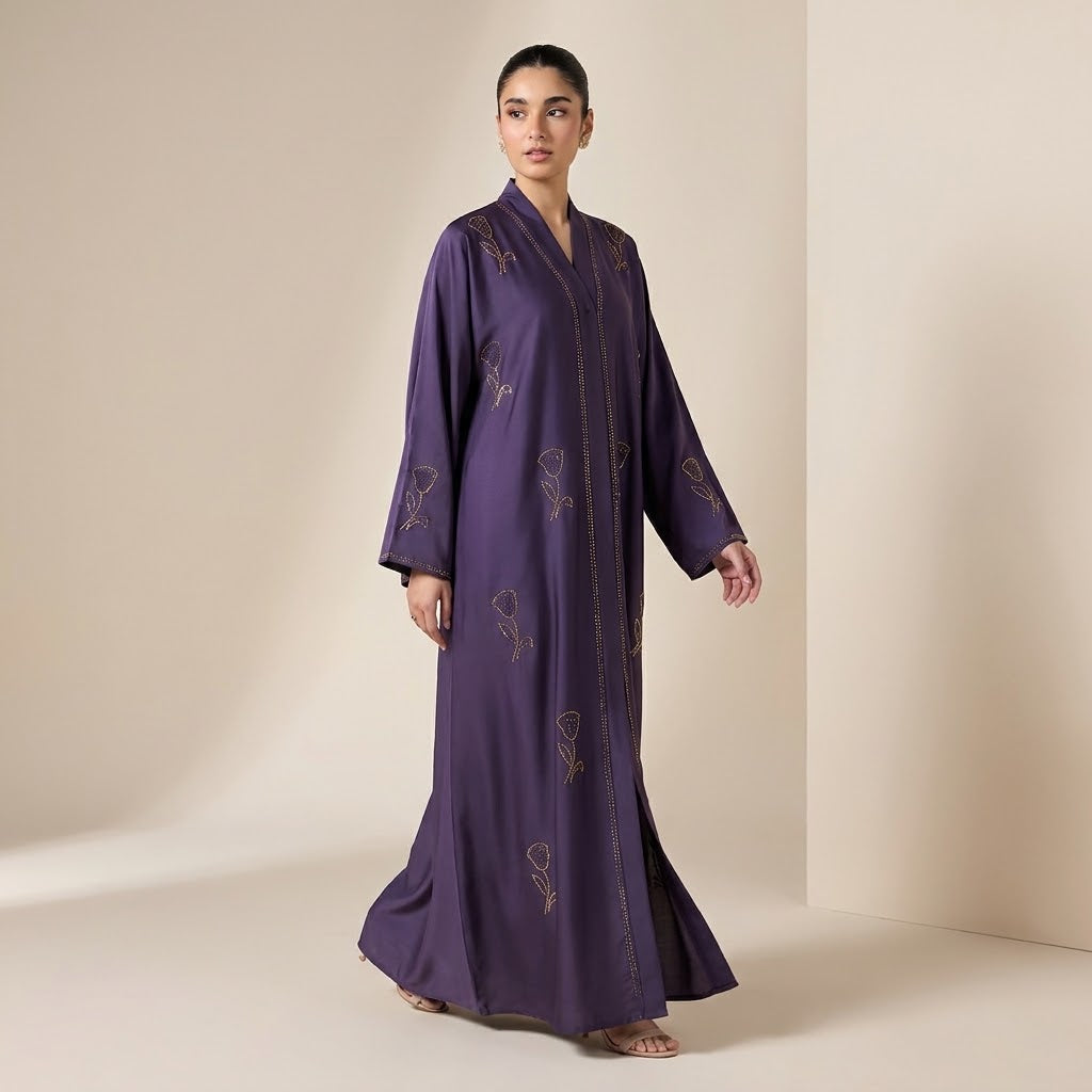 Front view of Royal Violet Tulip Coat - premium Premium TikTok Fabric (durable, lightweight, breathable matte crepe texture). modest wear