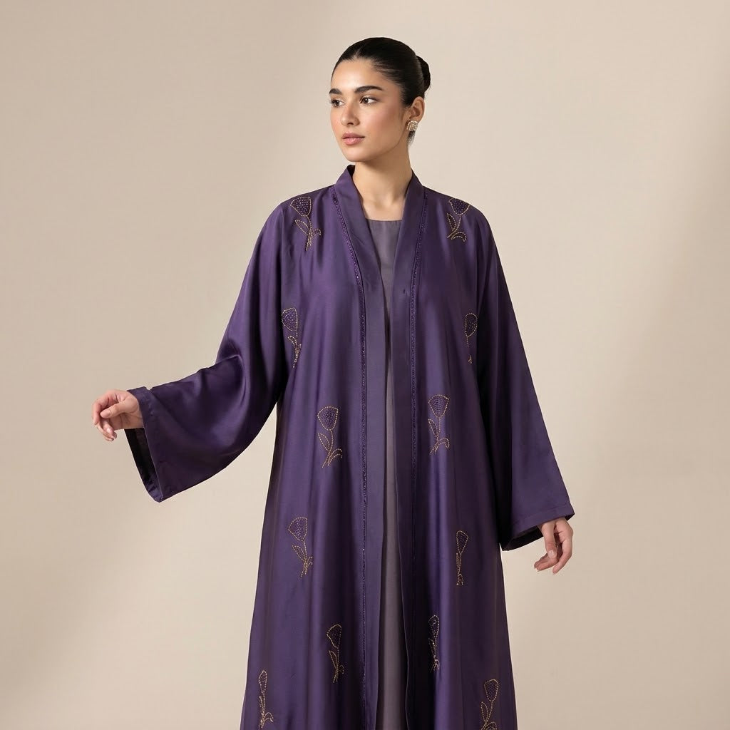 Styled look of Royal Violet Tulip Coat, perfect for evening events, eid, formal dinners, and daily luxury wear