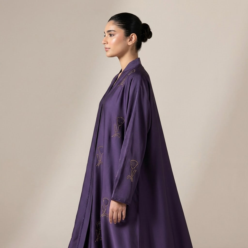 Full-length view of Royal Violet Tulip Coat in Rich Royal Violet / Deep Purple with Dual-Tone Gold & Purple DMC Rhinestone Accents