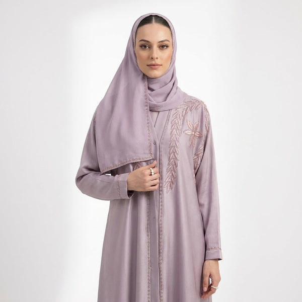 Front view of Dusty Mauve Floral Vine Embroidered Coat in dusty mauve