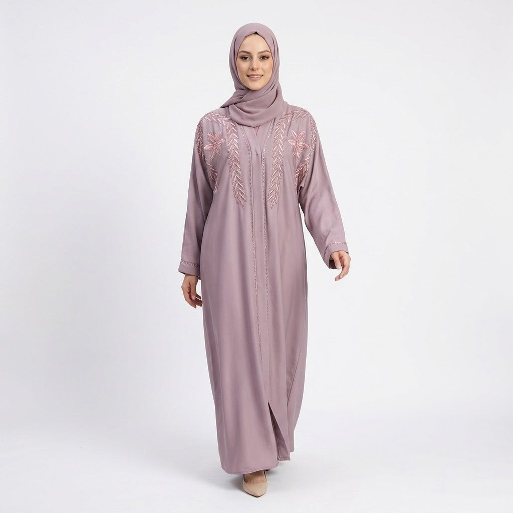 Floral vine embroidery and DMC stone detail on dusty mauve abaya