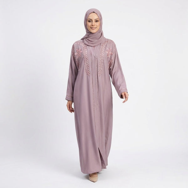 Floral vine embroidery and DMC stone detail on dusty mauve abaya