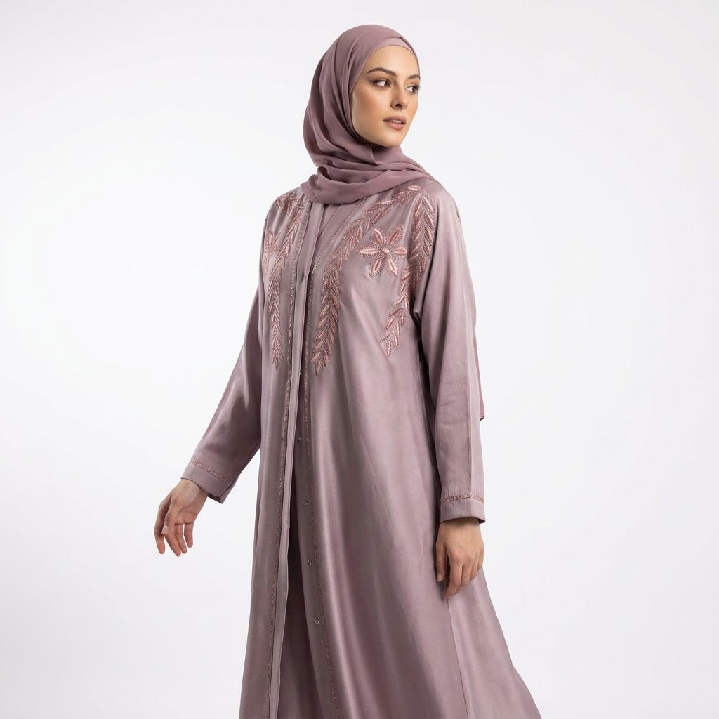 Side view of Dusty Mauve Floral Vine Embroidered Coat