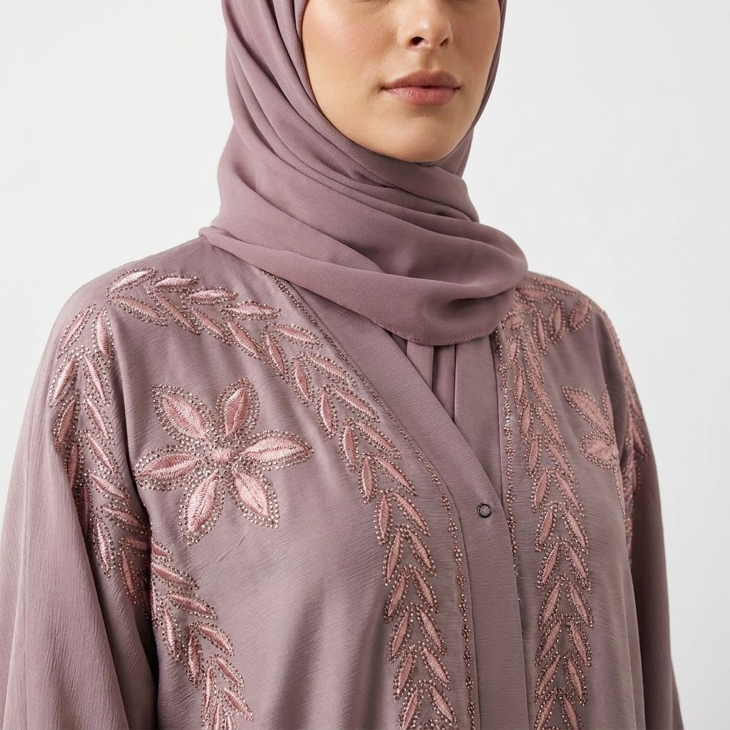 Dusty Mauve Floral Vine Embroidered Coat styled full length