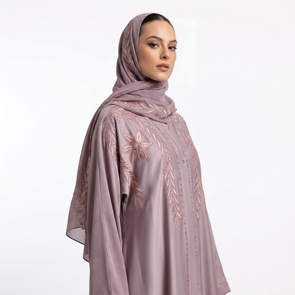 Sleeve cuff detail with DMC stone trim on dusty mauve embroidered abaya