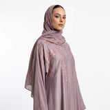 Sleeve cuff detail with DMC stone trim on dusty mauve embroidered abaya