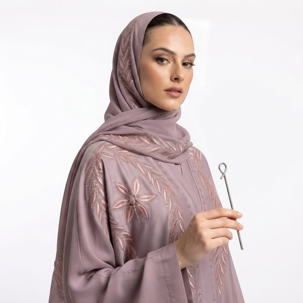 Dusty Mauve Floral Vine Embroidered Coat showing drape and silhouette