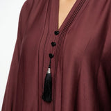 Front view of Deep Maroon Pintuck Panel Gown - premium TikTok fabric closed abaya