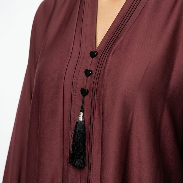 Front view of Deep Maroon Pintuck Panel Gown - premium TikTok fabric closed abaya