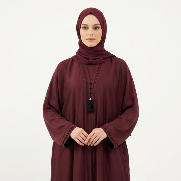 Side view of Deep Maroon Pintuck Panel Gown modest abaya