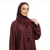 Full length styled look of Deep Maroon Pintuck Panel Gown with waist tie belt