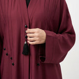 Front view of Deep Maroon Teardrop Studded Coat - premium TikTok fabric open abaya
