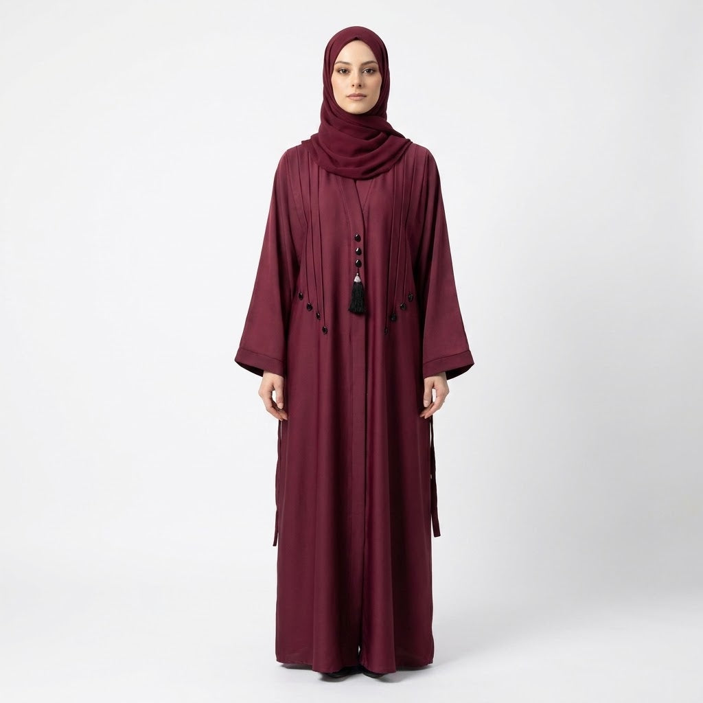 Side view of Deep Maroon Teardrop Studded Coat modest abaya
