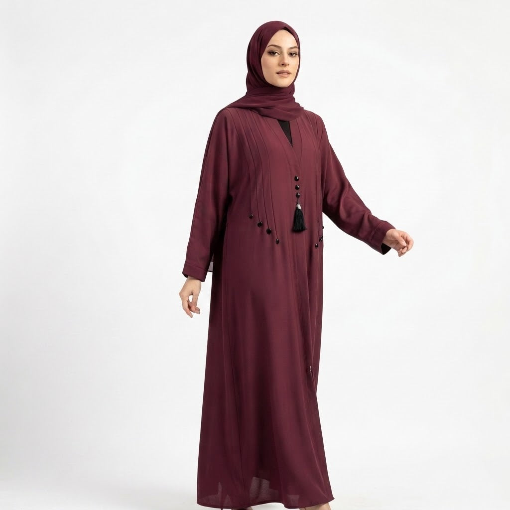 Full length styled look of Deep Maroon Teardrop Studded Coat with waist tie belt