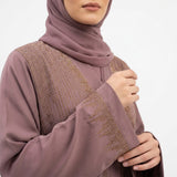 Front view of Dusty Mauve DMC Cascade Abaya - premium TikTok fabric modest wear