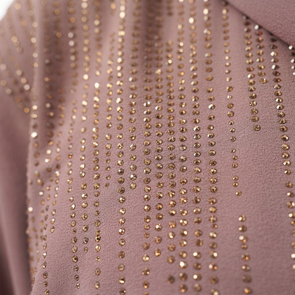 Side view of Dusty Mauve DMC Cascade Abaya open front abaya