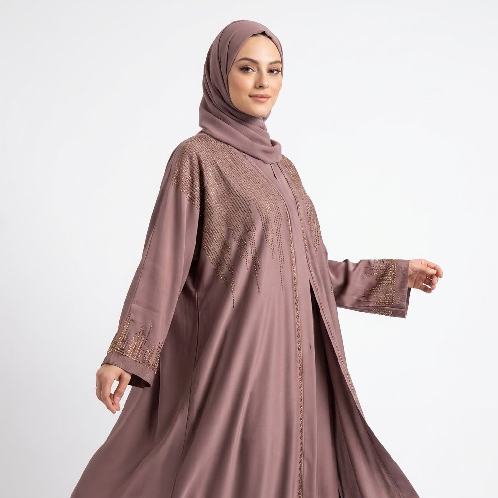 Dusty Mauve DMC Cascade Abaya styled full length view