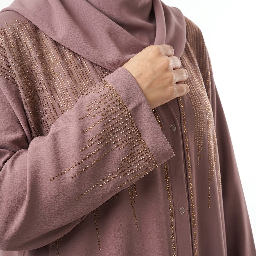 Sleeve cuff detail of Dusty Mauve DMC Cascade Abaya with stone trim