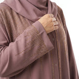 Sleeve cuff detail of Dusty Mauve DMC Cascade Abaya with stone trim