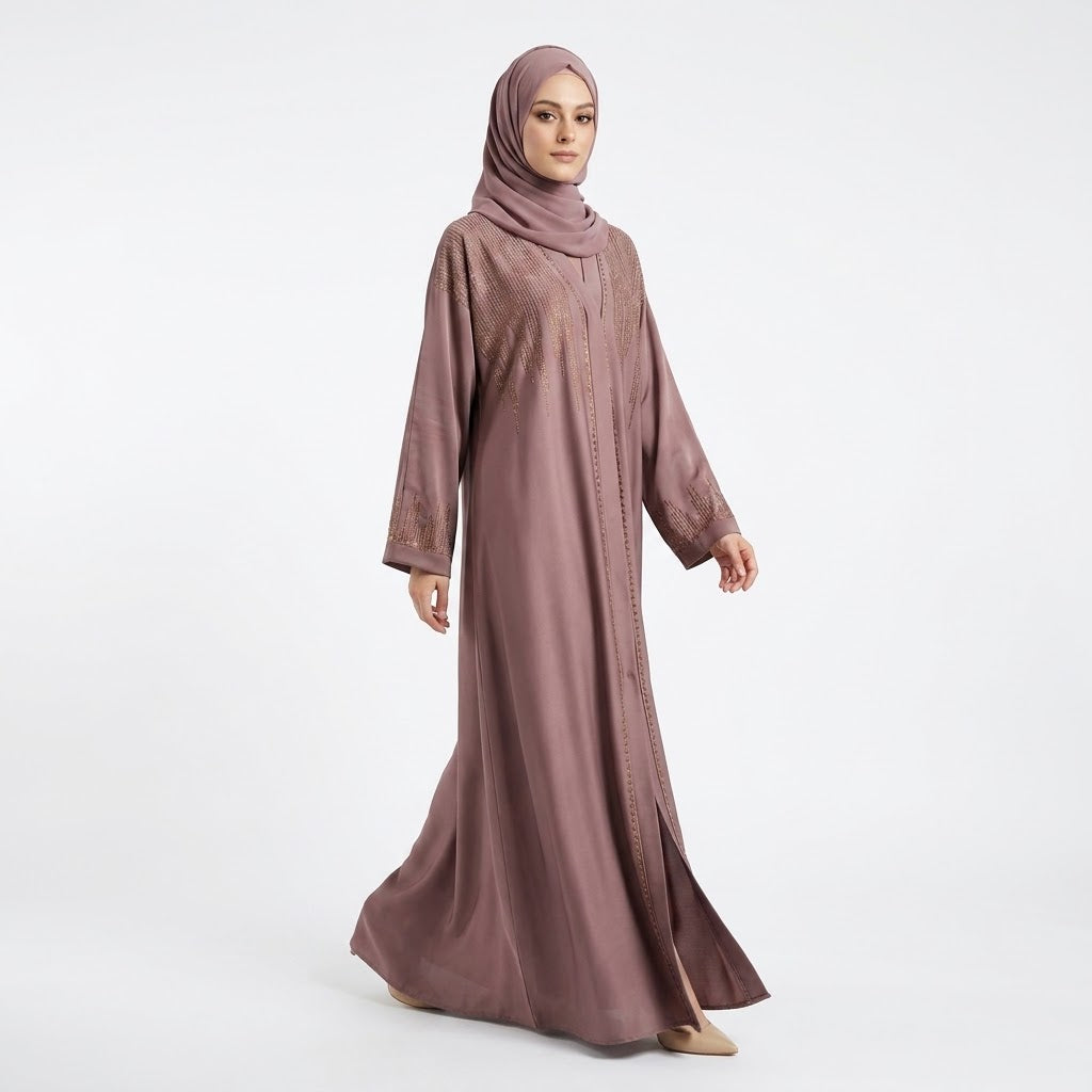 Dusty Mauve DMC Cascade Abaya worn, showing drape and silhouette