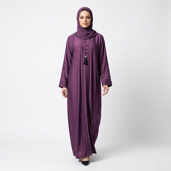 Front view of Deep Plum Pintuck Panel Gown - premium TikTok fabric closed abaya