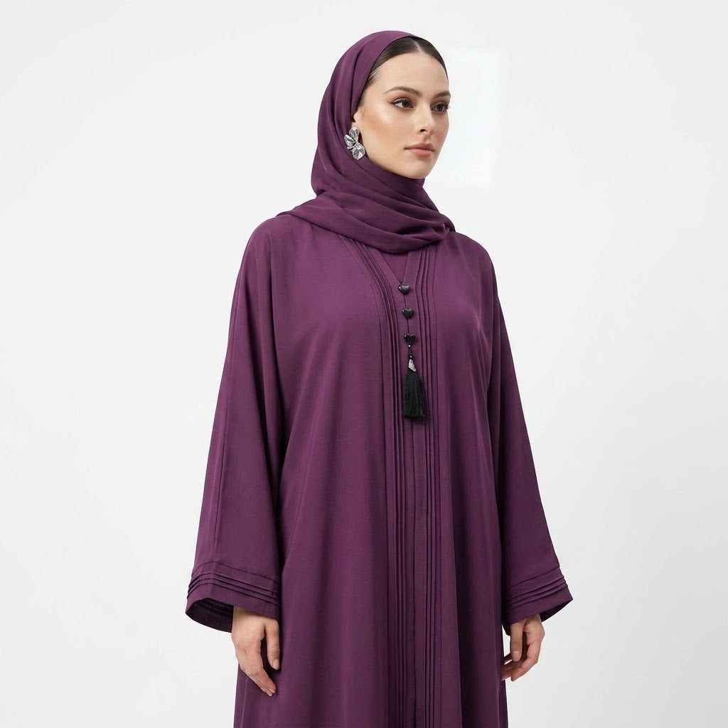 Side view of Deep Plum Pintuck Panel Gown modest abaya