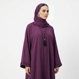 Side view of Deep Plum Pintuck Panel Gown modest abaya