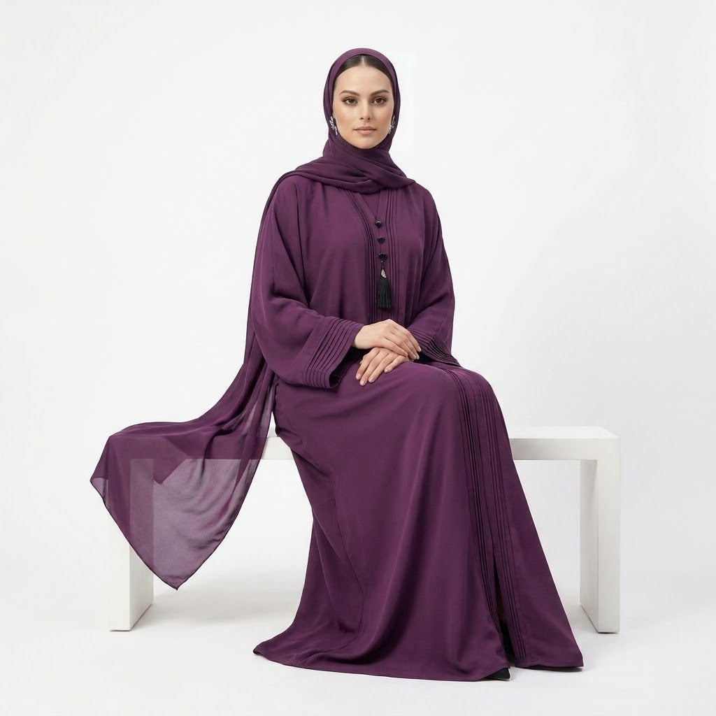 Full length view of Deep Plum Pintuck Panel Gown abaya