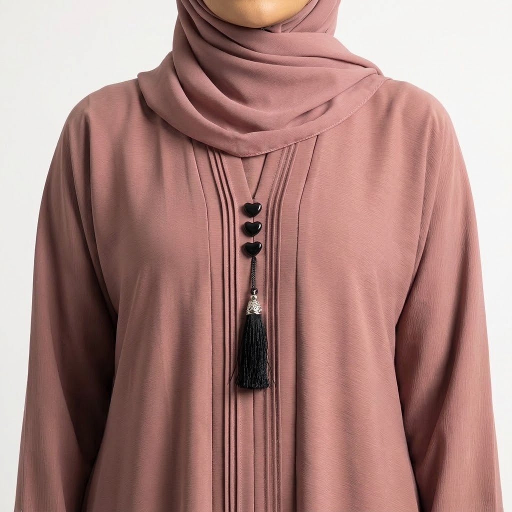 Side view of Dusty Rose Pintuck Panel Gown closed abaya