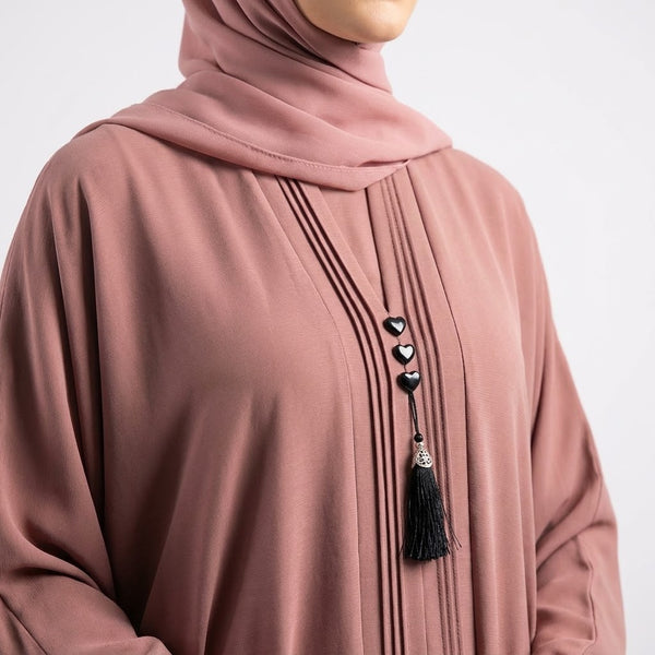 Dusty Rose Pintuck Panel Gown styled full length view